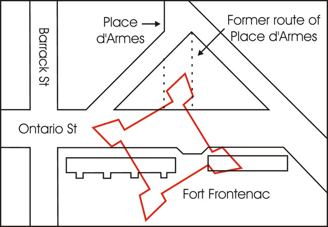 Map showing the location of Fort Frontenac overlaid on the streets of modern Kingston.